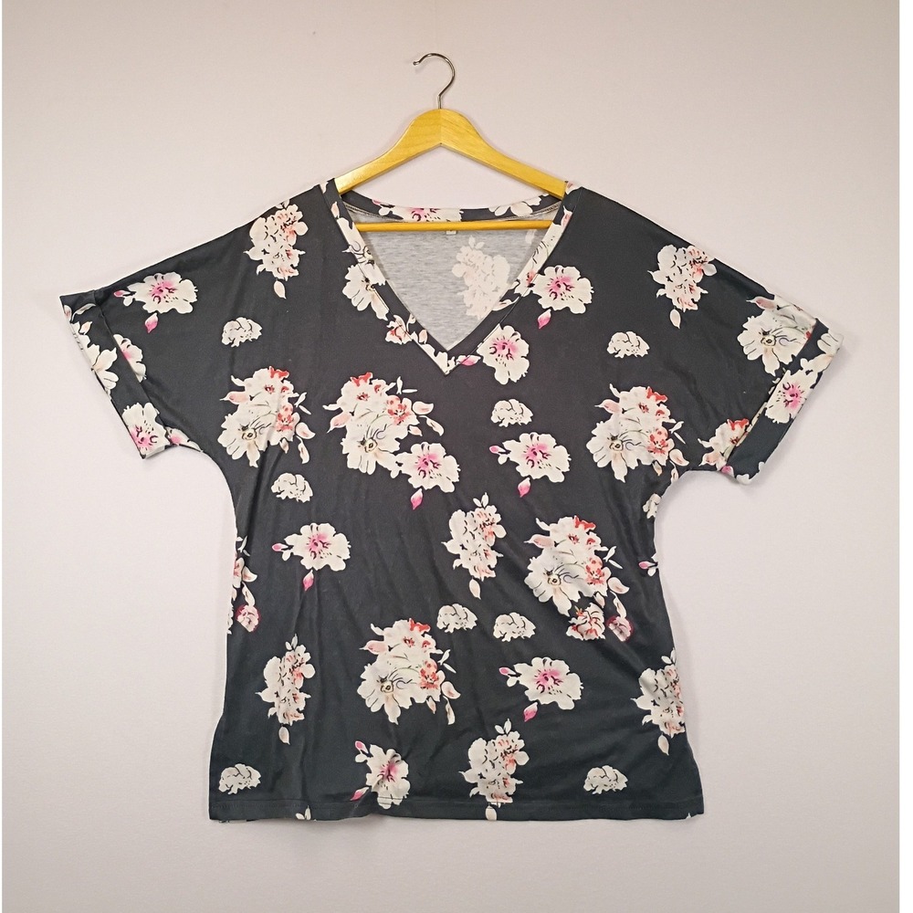 Cottagecore Floral Unbranded Womens Large Gray V-Neck Short Sleeve Dolman Top